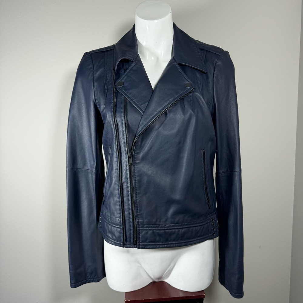 JOIE Caldine Moto Jacket Navy Blue Leather Zip Up Collared Women’s Size Medium - Picture 4 of 16